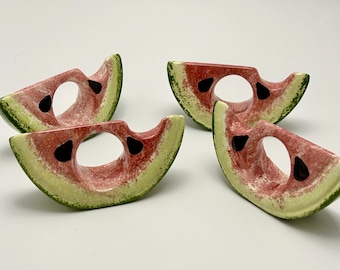 Hand -painted ceramic Watermelon Slice napkin rings. (Set of four)
