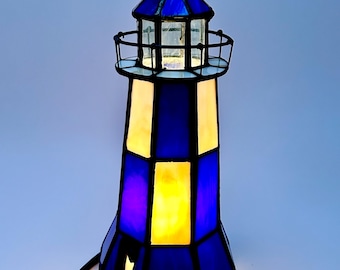 Tiffany-style stained glass lighthouse lamp