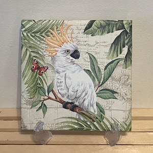 White Cockatoo Ceramic Plaque w/Stand, Home Decor, Nature Decor