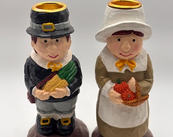 Vintage Set Of Thanksgiving Pilgrim Taper Candle Holders by Telaflora 5”