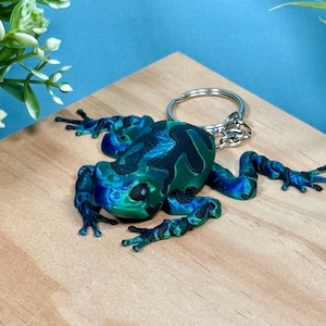 May include: A green and blue frog keychain with a silver key ring. The frog has a detailed, textured surface.