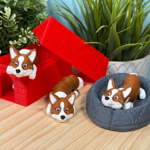 May include: A red, brick-style box with a hinged lid, and a gray dog bed, each containing a brown and white corgi figurine. Another corgi figurine is lying on the wooden surface. Green plants are in the background.