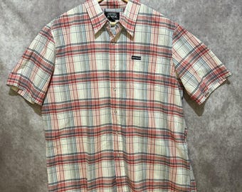 Camisa Avirex VINTAGE de manga corta con botones, color rojo, gris y azul, talla XL