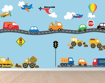 Construction Trucks Car Wall Decal, Transportation Trucks Road Wall Decal, Nursery Wall Decal A286