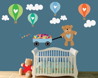 Kids Teddy Bear Wall Decal, Hot Air Balloon Wall Decals, Reusable  WALL DECAL Non-toxic, SD09B