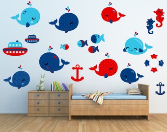 Whale Decal, Nautical Kids Decal, Nursery  Wall Decal, Reusable Non-toxic NO PVCs, SD47
