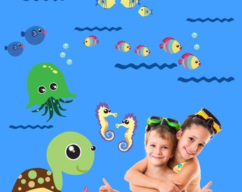 Turtle Fish Under the Sea  Decals Reusable Non-toxic NO PVCs, A125