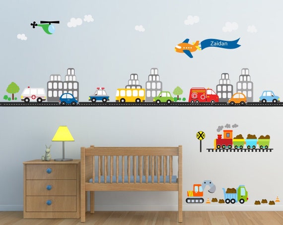 Personalised Boys Name Transport Boat Car Train Plane Custom Wall Vinyl Sticker