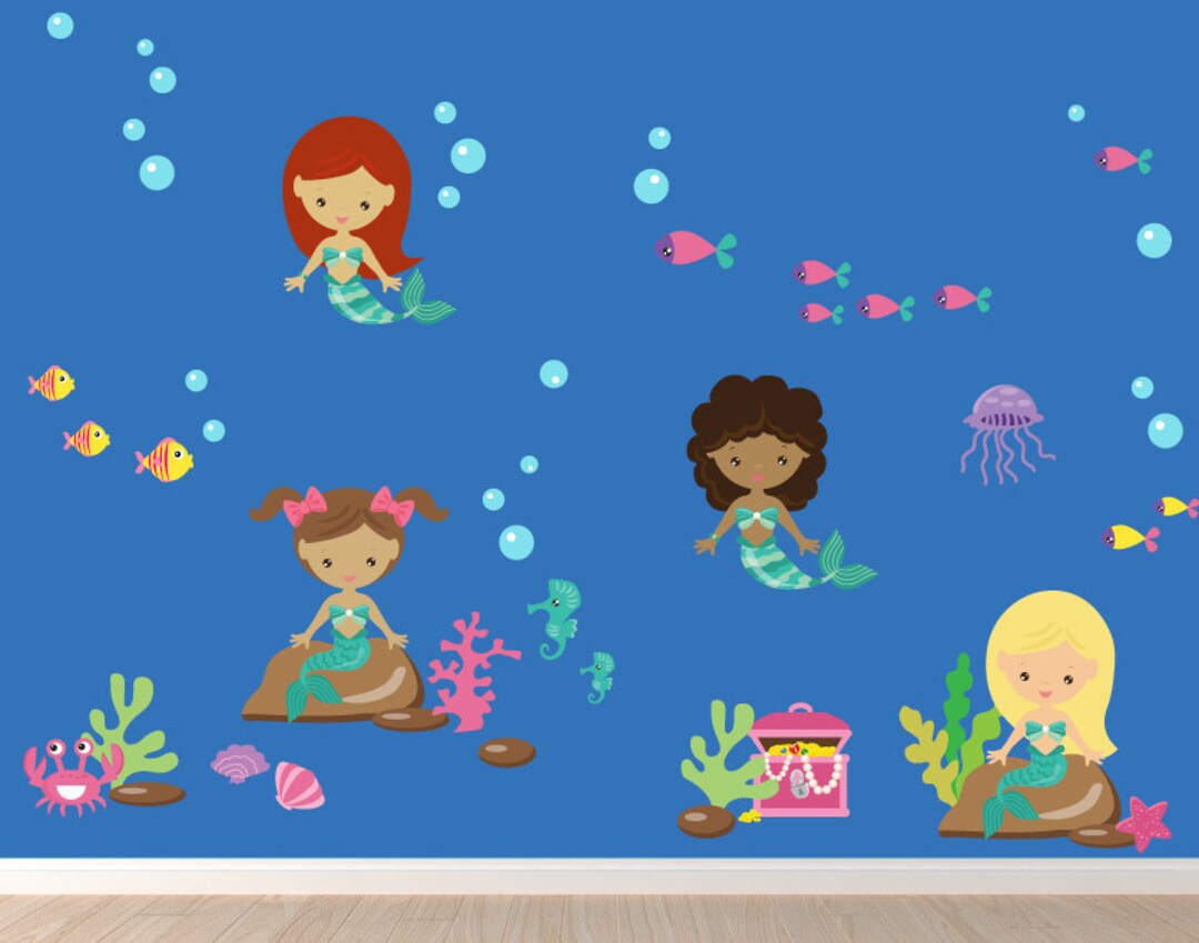 Mermaid Wall Decal, Ethnic Diversity Mermaids Nursery Wall Decal