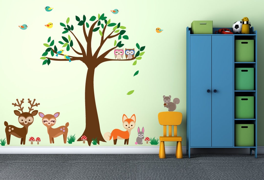 Forest Tree Wall Decal, Woodlands Animal Wall Decal Reusable Nontoxic