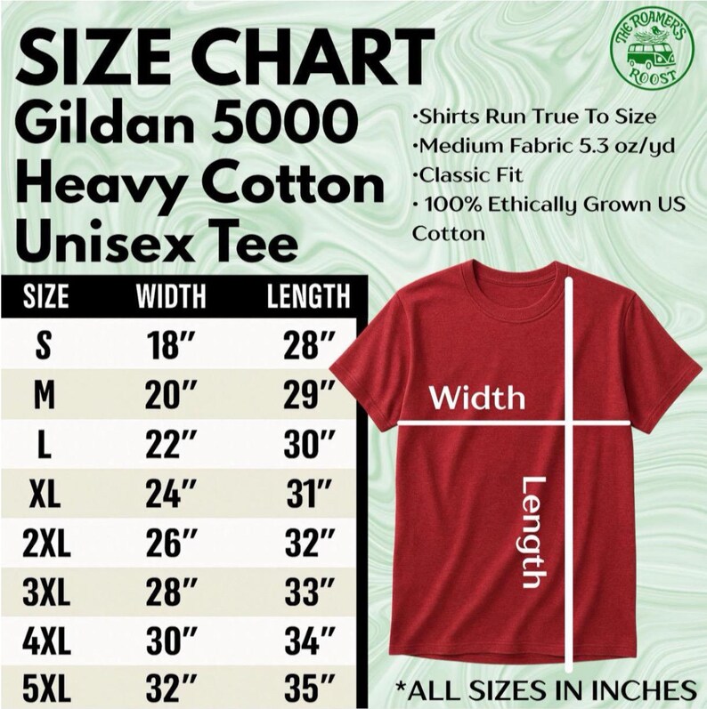 K&ouml;nnte beinhalten: Ein rotes Gildan 5000 Heavy Cotton Unisex T-Shirt mit Gr&ouml;&szlig;entabelle. Die Tabelle listet Gr&ouml;&szlig;en von S bis 5XL mit Breiten- und L&auml;ngenma&szlig;en in Zoll. Das T-Shirt hat eine klassische Passform und besteht aus 100 % ethisch angebauter US-Baumwolle.