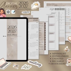 Könnte beinhalten: Digitaler Planer für 2026 und 2027 mit minimalistischem Design. Das Bild zeigt ein Tablet mit dem Planer, Kalenderseiten, Aufklebern und dem Text "Yearly Planner". Der Planer ist undatiert und wiederverwendbar.