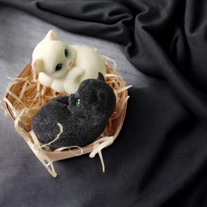 Op de afbeelding: Twee katvormige zeepjes in een klein houten mandje. Eén is wit met blauwe ogen en roze oren, de andere is zwart met groene ogen. Het mandje is gevoerd met stro-achtig materiaal, tegen een grijze en zwarte stoffen achtergrond.
