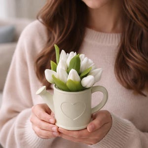 May include: A small, pale green watering can vase filled with white tulips and green leaves. The vase features a heart-shaped design. The person is holding the vase in their hands.