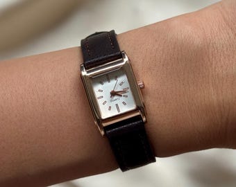 Rectangular Women’s Watch | Rose Gold Case | Black Faux Leather Strap Minimalist Quartz Watch