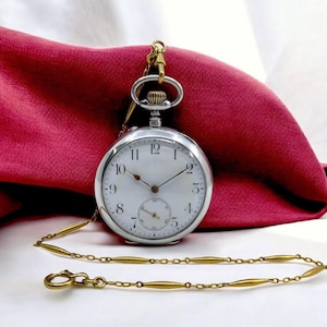 Antiek Zwitsers zakhorloge | Zilveren kast uit de jaren 1880 met vergulde ketting | Werkend vintage uurwerk | Porseleinen wijzerplaat | Cadeau voor hem