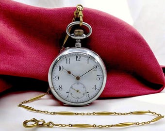 Antique Swiss Pocket Watch | 1880s Silver Case, Gold-Plated Chain