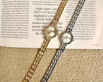 Elegant Bracelet Watch, Gold and Silver Color Options, Minimal Vintage Women Wristwatch