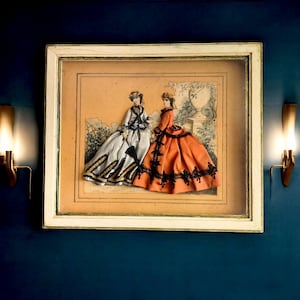 Vintage French Signed Wall Art – 1960s Textile Framed Artwork – Handmade Decorative Picture