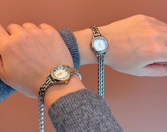 Vintage Two Tone Bracelet Watch, Gold Silver Ladies Watch, Roman Numeral Wristwatch, Minimal Retro Timepiece