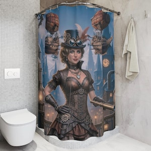 Steampunk Shower Curtain, Vintage Gears, Clocks Mechanical Art, Victorian Industrial Bathroom Decor, Moody Fantasy Bath Drapery, Home Gift