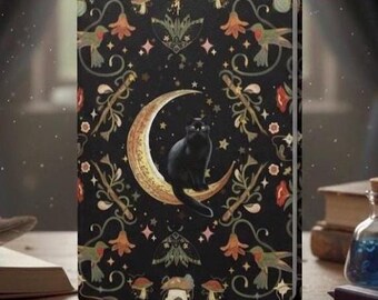 Celestial Black Cat Hardcover Journal, Mystic Moon & Botanical Garden Notebook, Whimsigoth Lined Diary, Witchy Gift for Cat Lovers, Grimoire