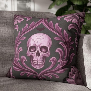 Gothic Skull, Pink Victorian Pattern, Dark Aesthetic, Steampunk, Halloween Gift, throw pillow Cover, Home Decor, Square Pillowcase