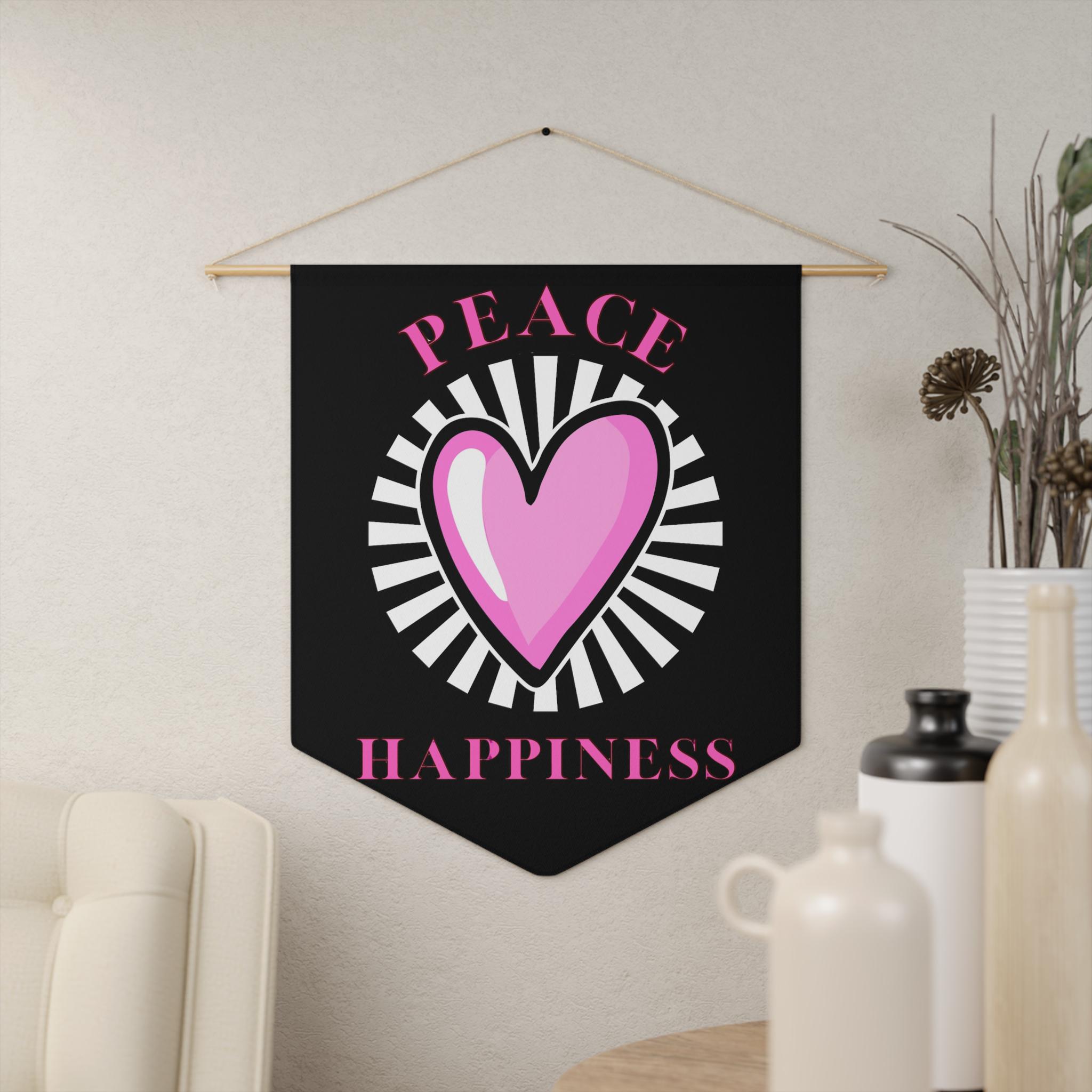 Hot Pink and Black, Pop Art Heart, Peace Happiness Inspirational Message, Home Decor, Wall Hanging, Nursery Decor, Dorm Room, Pennant Banner
