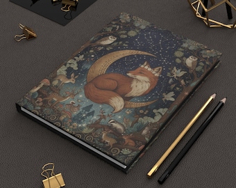 Celestial Fox Hardcover Journal - Whimsical Forest Animals Notebook, Vintage Cottagecore Fox Diary, Dark Academia Dream Journal, Moon & Star