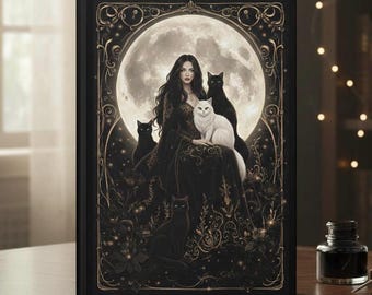 May include: Black journal featuring a fantasy illustration of a woman with long dark hair, surrounded by black cats, and a white cat, set against a full moon backdrop. The cover has gold decorative accents.