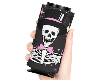 Skeleton Dosenkühler, Gothic, rosa Schleife, Halloween-Gastgeschenk, gruseliger Getränkehalter, Gothic Home Decor, einzigartiges Geschenk für Bierliebhaber