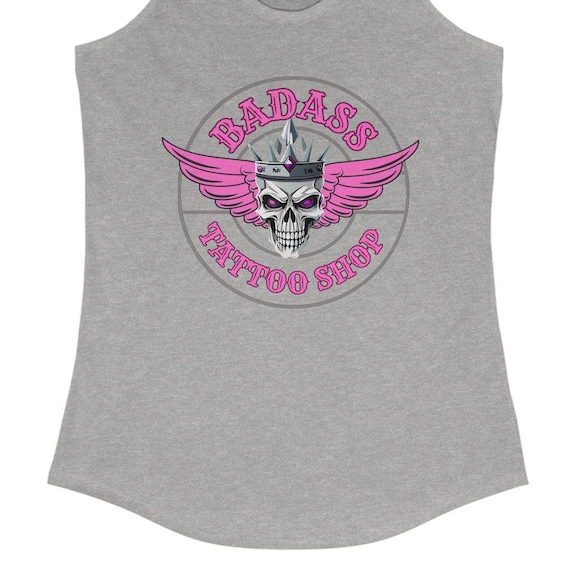Badass Tattoo Shop Skull Wings Tank Top, Gothic Pink Edgy