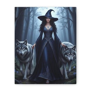 Toile d&#39;art sorcière et loup, décoration murale, décoration d&#39;intérieur fantastique, esthétique sorcière, cadeau pour les amoureux de la nature, art mural gothique, décoration d&#39;Halloween