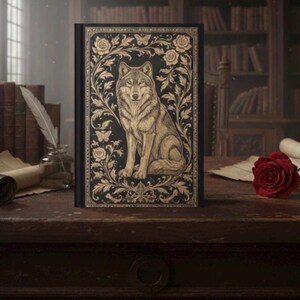 May include: A black journal with a detailed illustration of a wolf surrounded by floral and butterfly designs. The wolf is in a seated position, and the artwork is in gold against a black background. The journal is on a wooden surface.