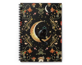 Celestial Black Cat on Moon Ruled Line, Gothic, Botanical Design, Halloween Boho Gift, Journal, Planner, Diary, Stationery Spiral Notebook