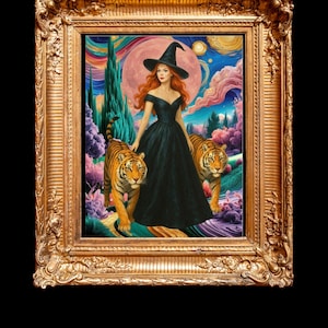 Lámina artística de bruja pelirroja y tigres, póster de arte pop retro