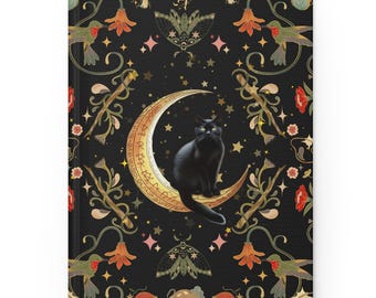 Celestial Black Cat Hardcover Journal, Mystic Moon & Botanical Garden Notebook, Whimsigoth Lined Diary, Witchy Gift for Cat Lovers, Grimoire