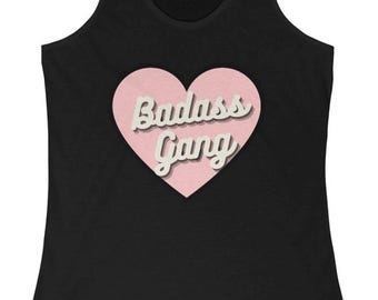 Badass Gang, Pop Art Pink Heart, Yoga, Retro Gift, Sweary Shirt, Sassy Workout Top, Fitness Tank, Graphic Tee, Women's Racerback Tank