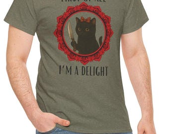 I am a delight, Sassy, Black Cat, Knife Unisex Tee, Killer Cat, Gothic, Concert, Funny Cat Shirt, Halloween Costume, Cat Lover Gift