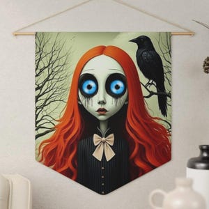 Gothic, Steampunk, Emo Lovers, Rothaarige Mädchen mit schwarzer Krähe, Dark Academia Decor, Melancholic Theme, Raum Banner, Wimpel Wand Flagge