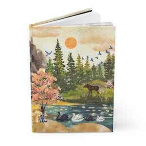 Nature Wildlife Hardcover Journal, Mountain Lake, Boho Adventure Swans, Fox, Moose, Raccoons, Nature Lover Gift, Travel Journal, Forest image 4