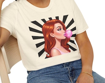 Camiseta de mujer pelirroja pop art con chicle, chica pin-up retro, divertida, atrevida y ruda, unisex, con gráficos de cultura pop.
