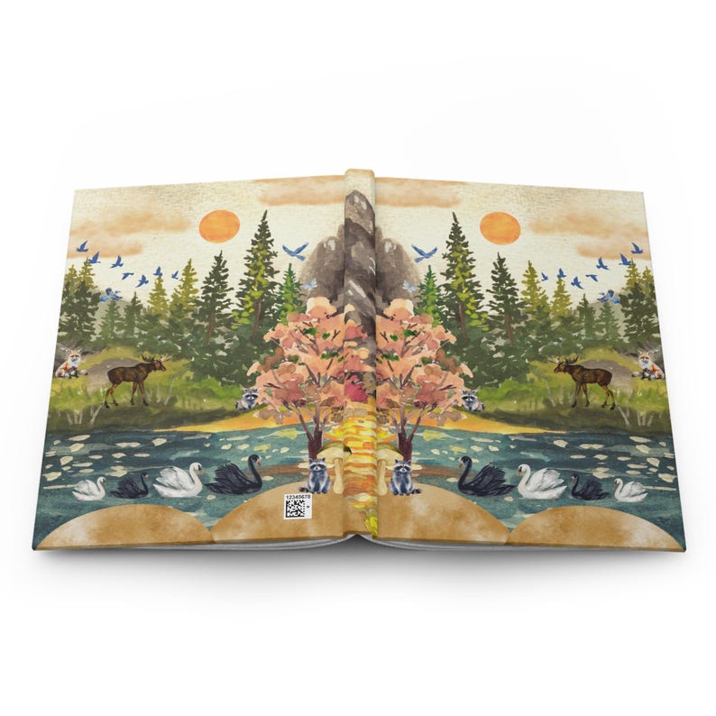 Nature Wildlife Hardcover Journal, Mountain Lake, Boho Adventure Swans, Fox, Moose, Raccoons, Nature Lover Gift, Travel Journal, Forest image 6