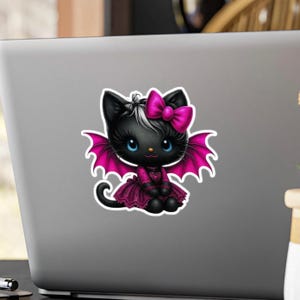 Gothic Black Cat with Blue Eyes, Pink Bat wings, Hot Pink Bow, Dress, Steampunk Emo Kawaii Cat, Halloween, Vinyl Decal, Laptop Sticker