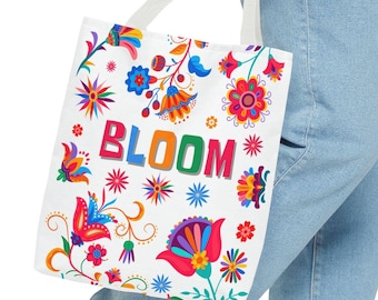 Bohemian Botanical Tote Bag, Colorful Retro Floral Bloom Design, Gardening Shoulder Bag