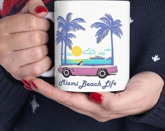 Miami Beach, Pop art Palm Trees, Miami Beach Scene, Pink Car, Coffee Cup Gift, Tea Mug Gift, 11oz or 15oz
