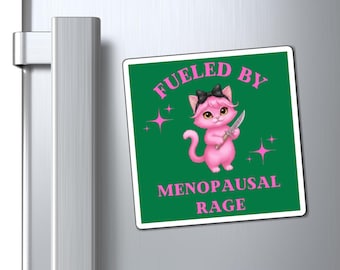 Imanes: Imán de gato kawaii con furia menopáusica, regalo humorístico sobre la menopausia, decoración divertida para el refrigerador, imán de cuchillo con gato atrevido, decoración de cocina con gato rosa