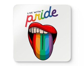 Live with Pride Rainbow Lips, Tongue, Corkwood Coaster Set, Rainbow Coasters for LGBTQ+ Celebrations, Housewarming Gift, Equal Rights