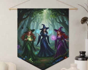 Three Witches in Forest Moonlight, Botanical Decor, Spooky Vibes, Halloween, Witchcraft Gift, Wiccan Dorm Decor, Pennant Wall hanging