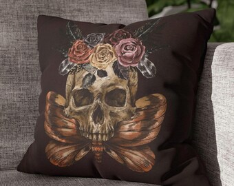 Gothic Floral Skull Pillowcase, Dark Academia, Decorative Throw Pillow, Home Decor, Cozy Accent, Halloween Decor, Gift Idea